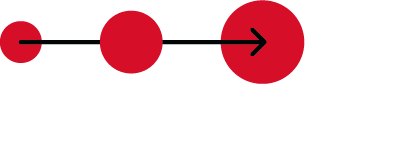 Drei rote Kreise, von links nach rechts größer werdend, durchzogen von einem schwarzen Pfeil nach rechts