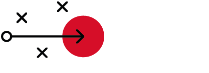 weißer Hintergrund mit schwarzem Pfeil nach rechts in einen roten Kreis zeigend, drum herum drei kleine, schwarze X
